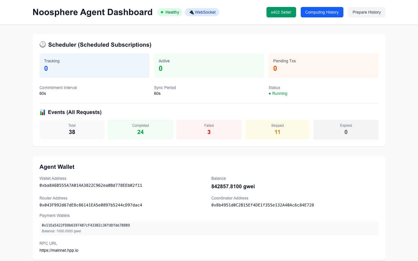 Agent dashboard — scheduler, events, wallet