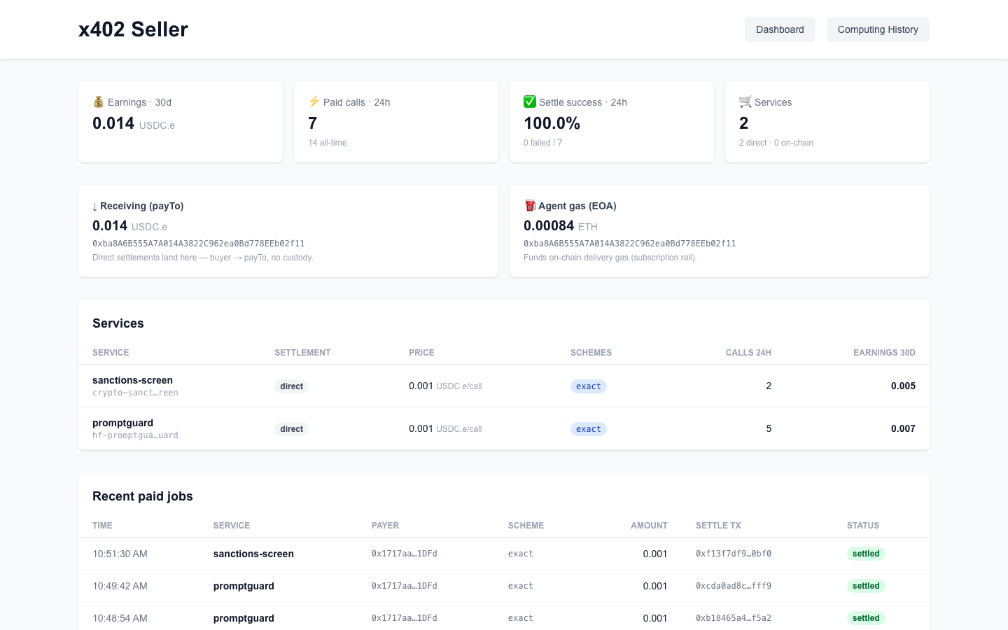 x402 seller tab — earnings, services, paid jobs