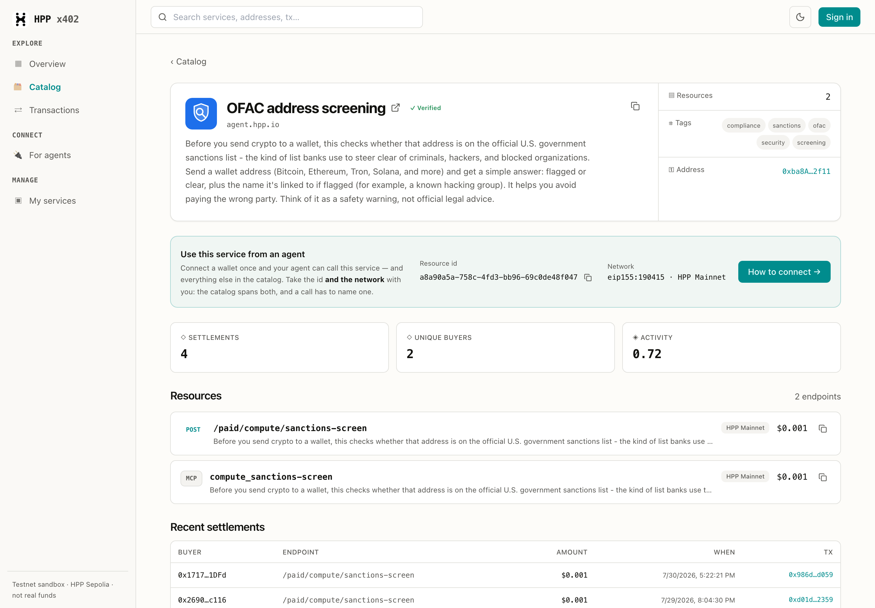 A service detail page